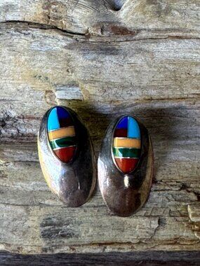 Vintage Sterling Silver Southwestern Inlay Earrings Multi Stone 1” Post 4.5g